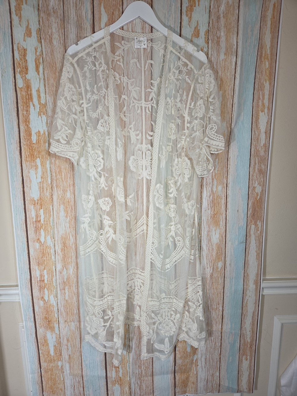 Sirenlily Sheer Floral Lace Kimono Robe - Ivory. Size 2x. Maternity. Boho Chic